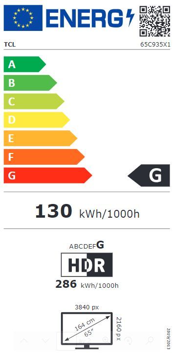 Energibeskrivning för TCL 65C935 65 tums 4K Mini-LED Smart TV