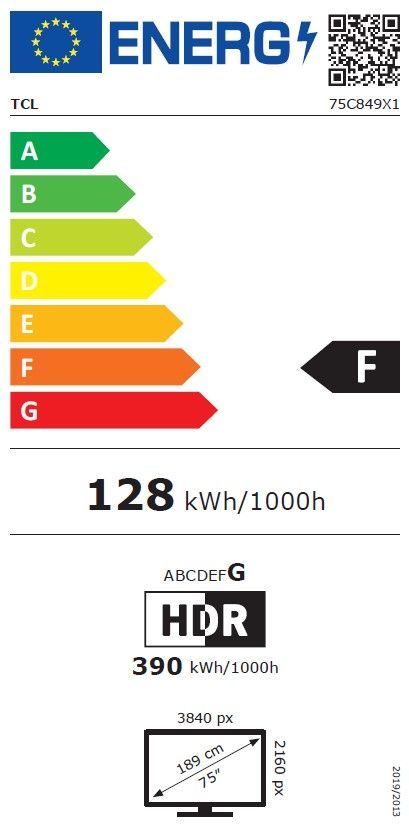 Energibeskrivning för TCL 75C849 75-tums Mini-LED Google-TV