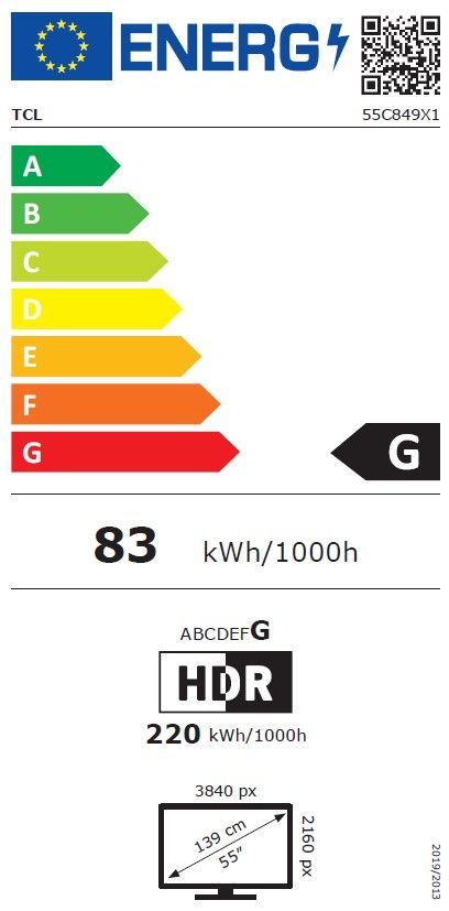 Energibeskrivning för TCL 55C849 55-tums Mini-LED Google-TV