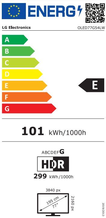 Energibeskrivning för LG OLED77G54LW evo AI G5 4K med väggfäste