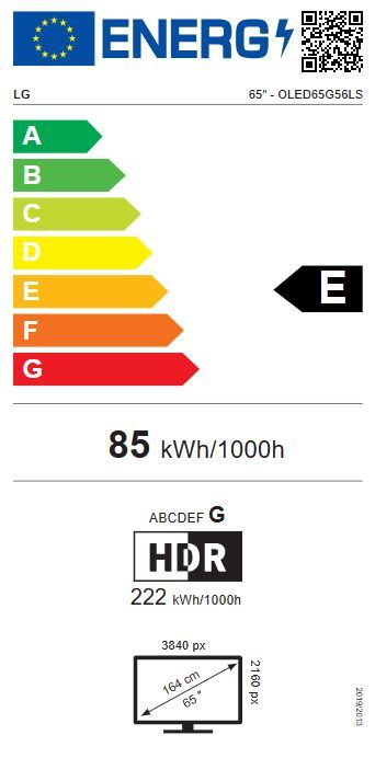 Energibeskrivning för LG OLED65G56LS evo AI G5 4K med bordsstativ