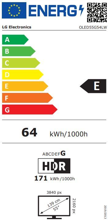 Energibeskrivning för LG OLED55G54LW evo AI G5 4K med väggfäste