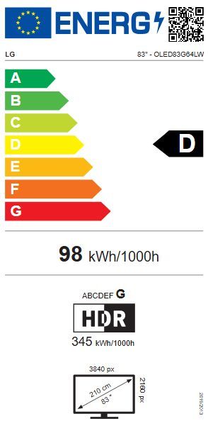 Energibeskrivning för LG OLED83G64LW evo AI G6 med väggfäste