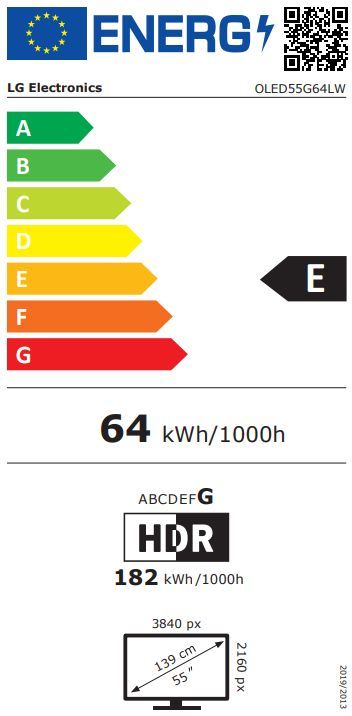 Energibeskrivning för LG OLED55G64LW evo AI G6 med väggfäste