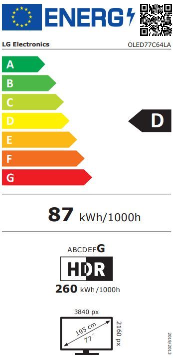 Energibeskrivning för LG OLED77C64LA evo AI 4K Smart TV 2026
